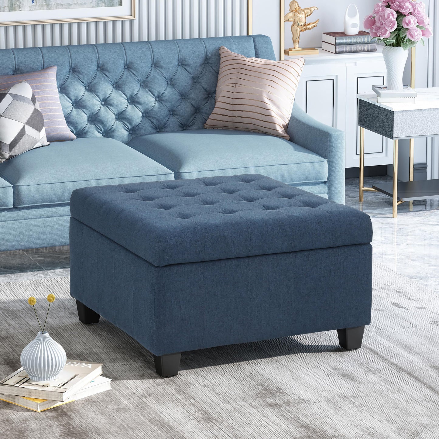 YOPTO 31" Square Storage Ottoman,Linen Footrest with Wooden Legs,Upholstered Button Tufted Coffee Table for Living Room,Navy Blue