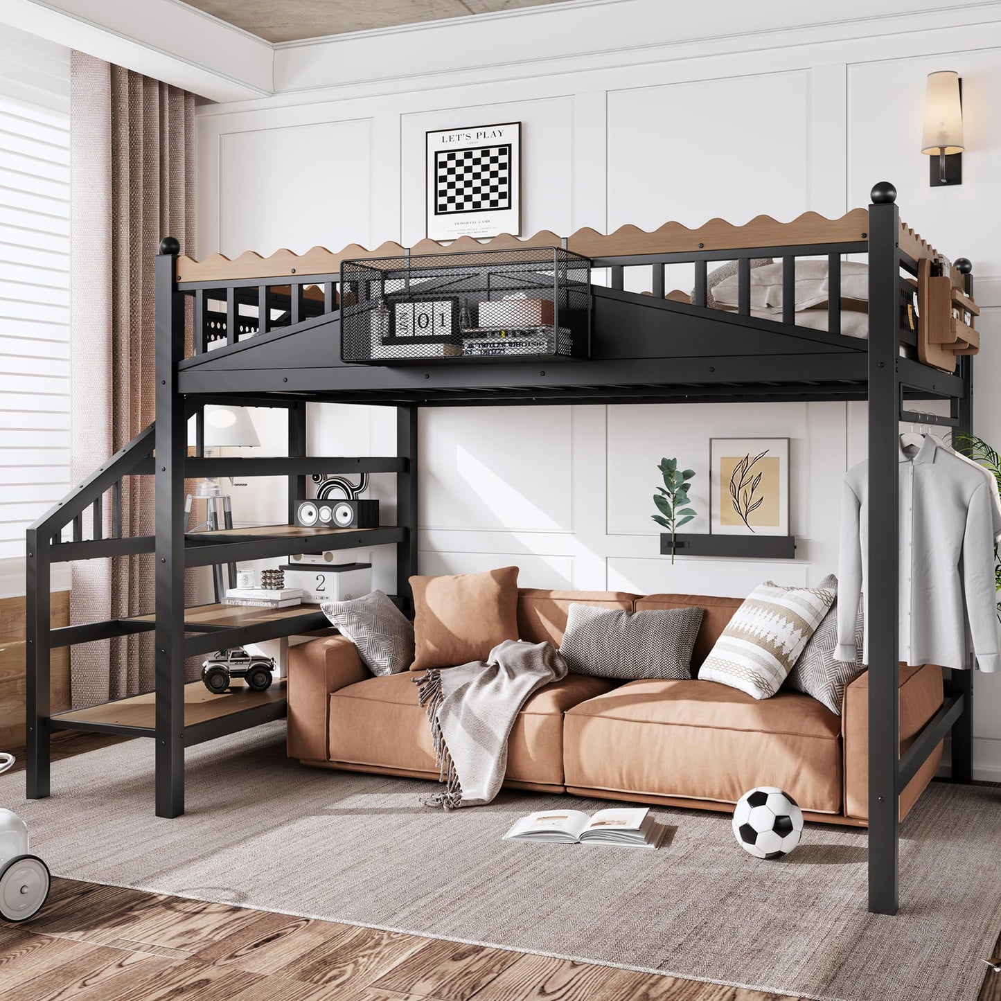 KEIKI Queen Size Loft Bed with Storage Stairs, Metal Loft Bed Frame with Shelves & Bookshelf, Heavy Duty Adult Loft Bed with Guardrails, No Box Spring Needed, Black
