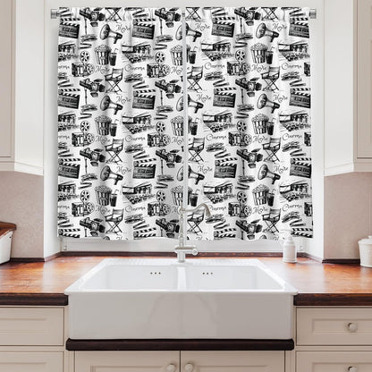 Ambesonne Movie Kitchen Curtains - Vintage Film Cinema Motion Camera Action Print, 2 Panel Set, 55" X 39"