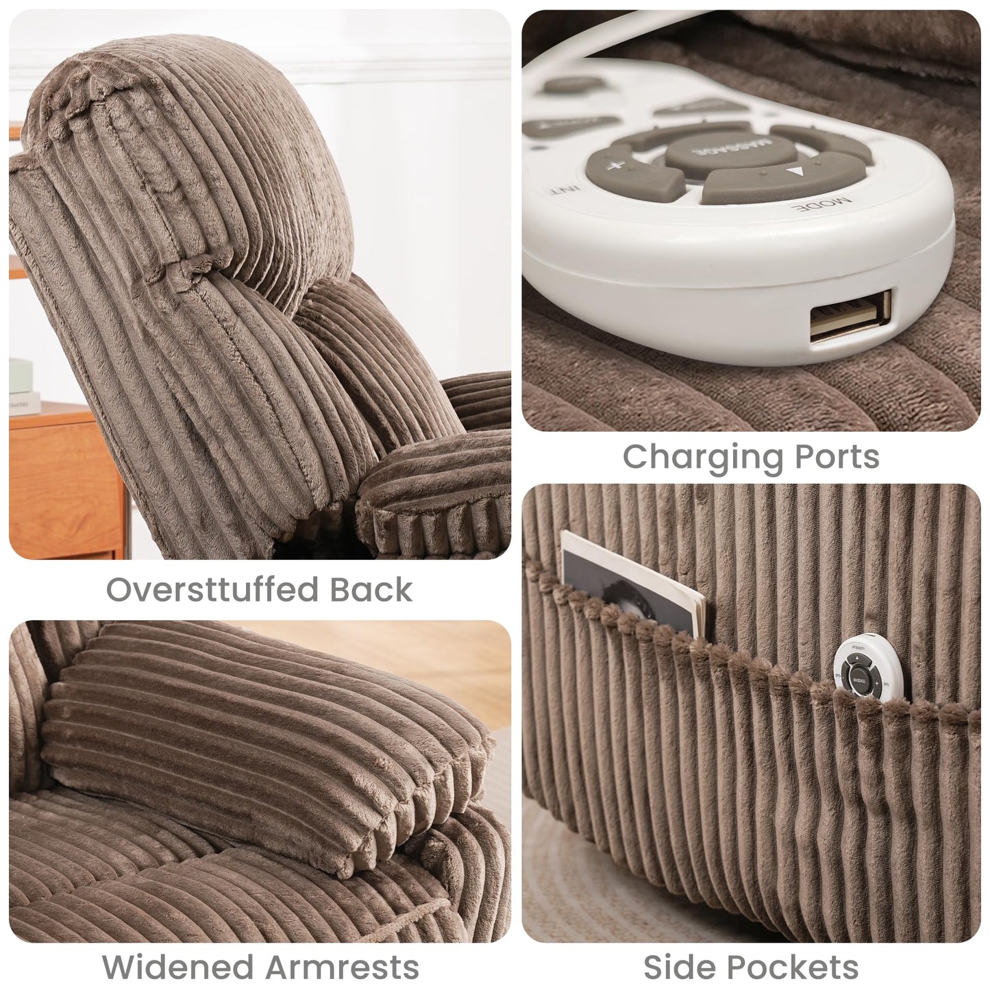 GRAINELL Swivel Rocker Recliner Chair with Massage and Heat, USB Charging Port, Infinite Position Power Recliner, Electric Glider Rocking Chairs for Living Room, Nursery (Brown)