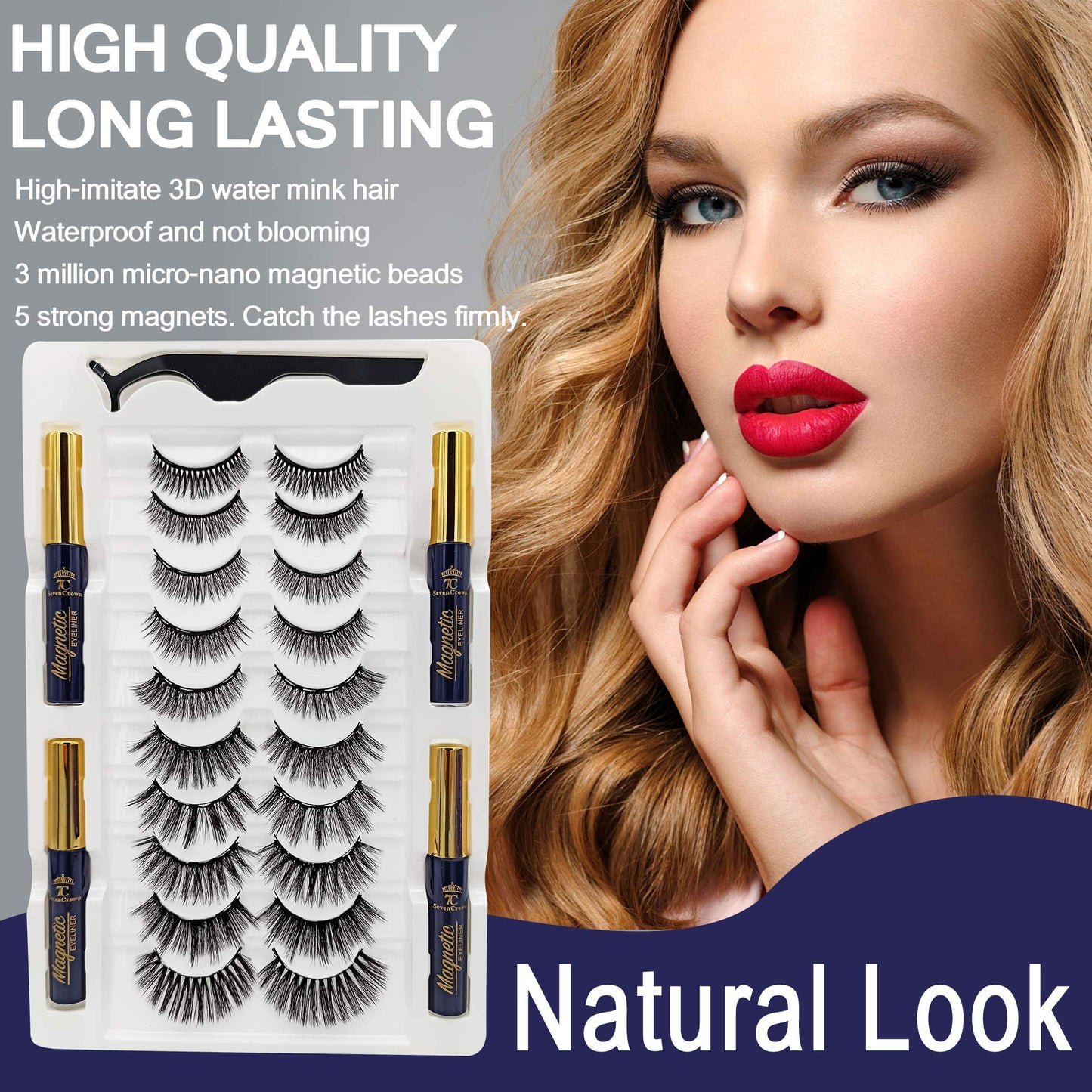 Magnetic Eyelashes with Eyeliner Kit - SevenCrown Magnetic Lashes Natural Looking with 4 Tubes of Magnetic Liner Upgraded,Waterproof,Long Lasting - 10 Pairs Reusable Magnetic Eyelash Kit with Applicator, Easy to Apply.