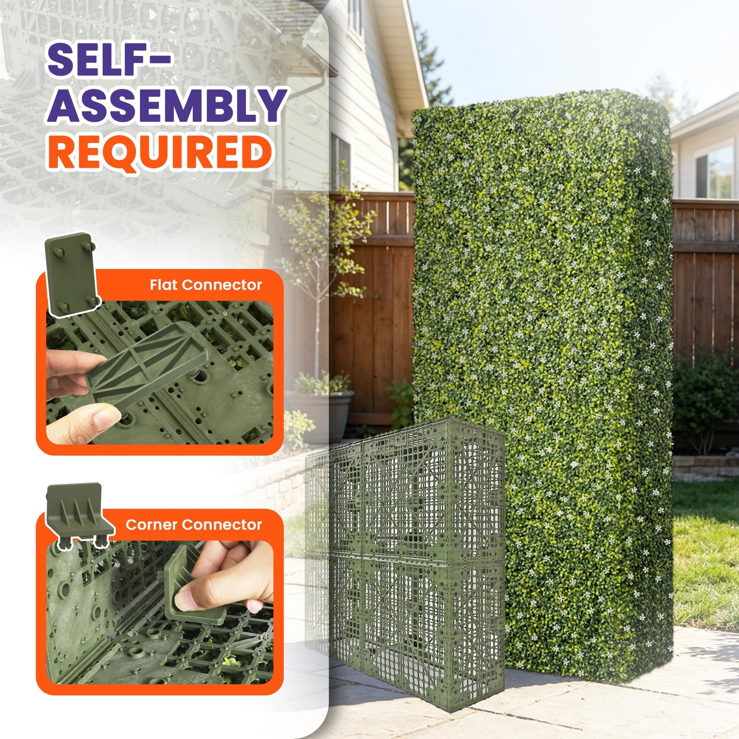 PATIOBREEZE 54" Wx54 Hx6 D Artificial Boxwood Hedge Wall with White Flowers, Greenery Privacy Screen Faux Grass Backdrop Room Divider for Indoor Outdoor Office Patio Garden Party Decoration