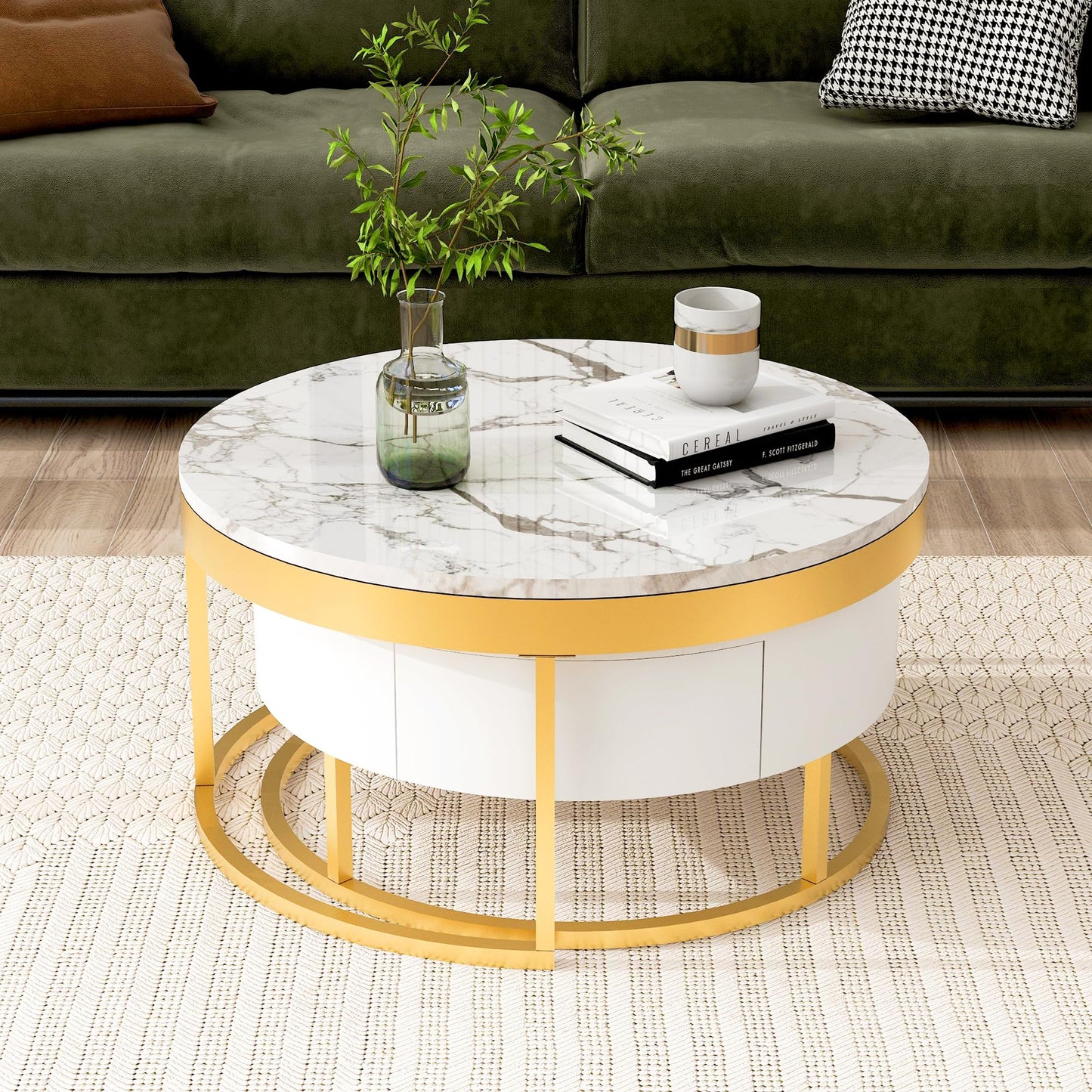 Merax 2-Piece Round Nesting Coffee Table Set with 2 Large Drawers, Marble Finish Tops & Ample Hidden Storage, Space Saving Modern Accent End Tables for Living Room, Apartment, White+Golden