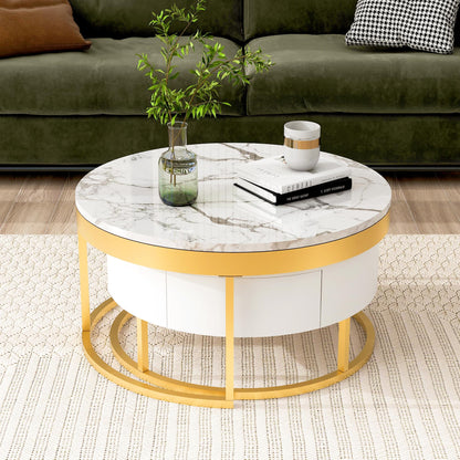 Merax 2-Piece Round Nesting Coffee Table Set with 2 Large Drawers, Marble Finish Tops & Ample Hidden Storage, Space Saving Modern Accent End Tables for Living Room, Apartment, White+Golden