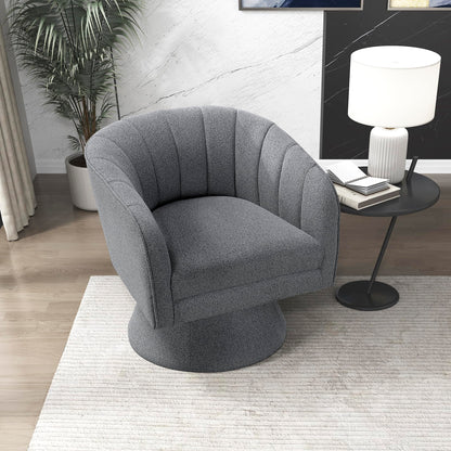 Lexicon Swivel Accent Chair, Boucle Fabric Upholstered Barrel Chair, Channel Stitched Details, Hidden Metal Swivel Seating for Living Room/Office/Apartment, Dark Gray