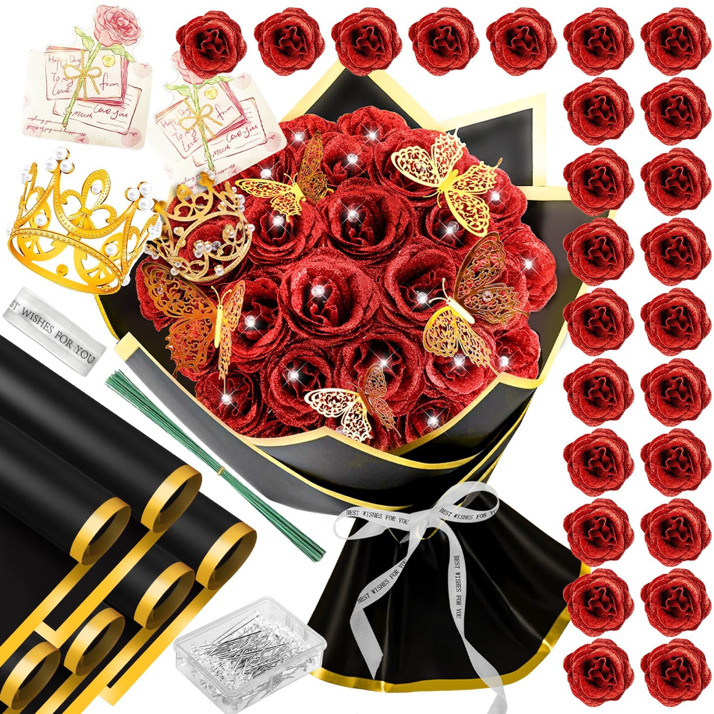 28 Red Glitter Roses Bouquet, 2026 Graduation Flowers Bouquet for Her DIY Fake Artificial Flower Bouquet Kit with Diomand Pins,Red Roses for Anniversary,Weddings,Mothers Day
