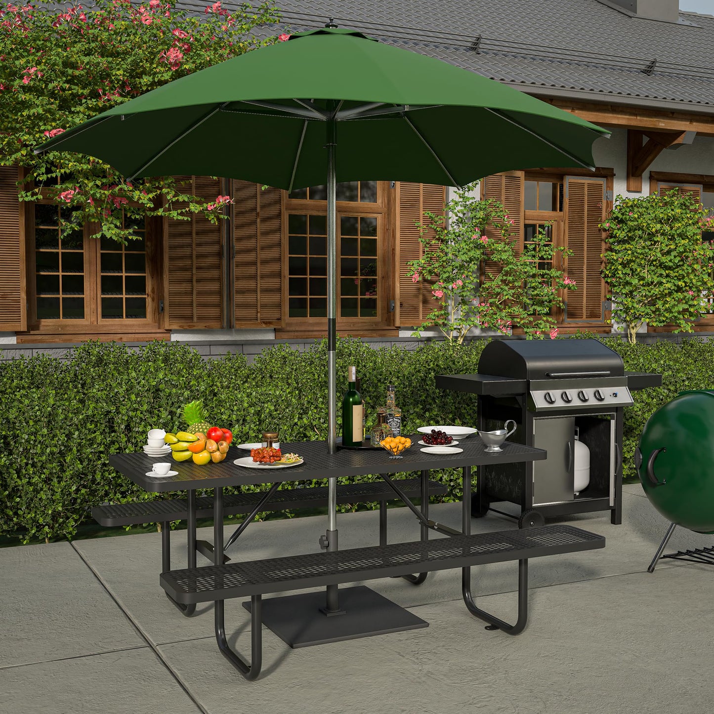 Dvasovio 72 Inch Rectangular Metal Picnic Table with 1.73" Umbrella Hole, Heavy-Duty Steel Mesh Table Set, Weather Resistant Sturdy Outdoor Furniture, for Patio, Garden, Courtyard & BBQ, Black