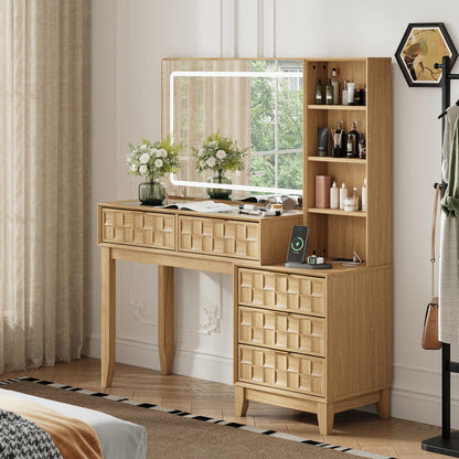 MALOL 50" Checkerboard Vanity Desk, Large Glass Top Dressing Table with 5 Drawers & 4 Storage Shelves, Wooden Makeup Vanity with Built-in Power Strip with USB & Type-C, Natural Wood