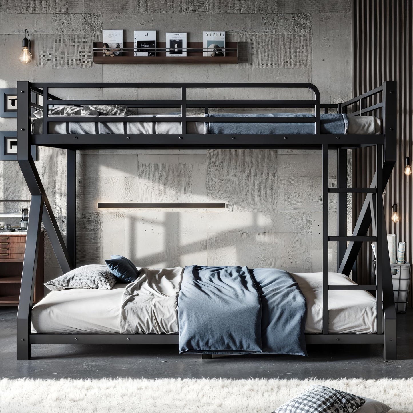 Bellemave Queen Over Queen Bunk Bed Frame with Noise Reduced Design, Low Profile Bunk Bed with Soft Ladder Rung Cover and Fence, Heavy Buty Bunk Beds for Adults, Teens