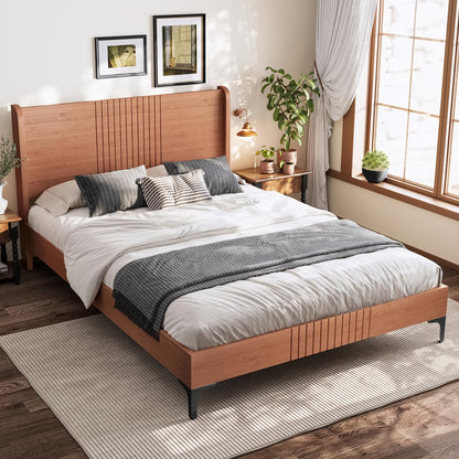 KEIKI Full Size Platform Bed with Bamboo-Made Structure, Mid-Century Style Bed Frame with Chic Headboard, Sustainable Bedframe Full for Bedroom, Easy Assembly, No Box Spring Needed, Natural