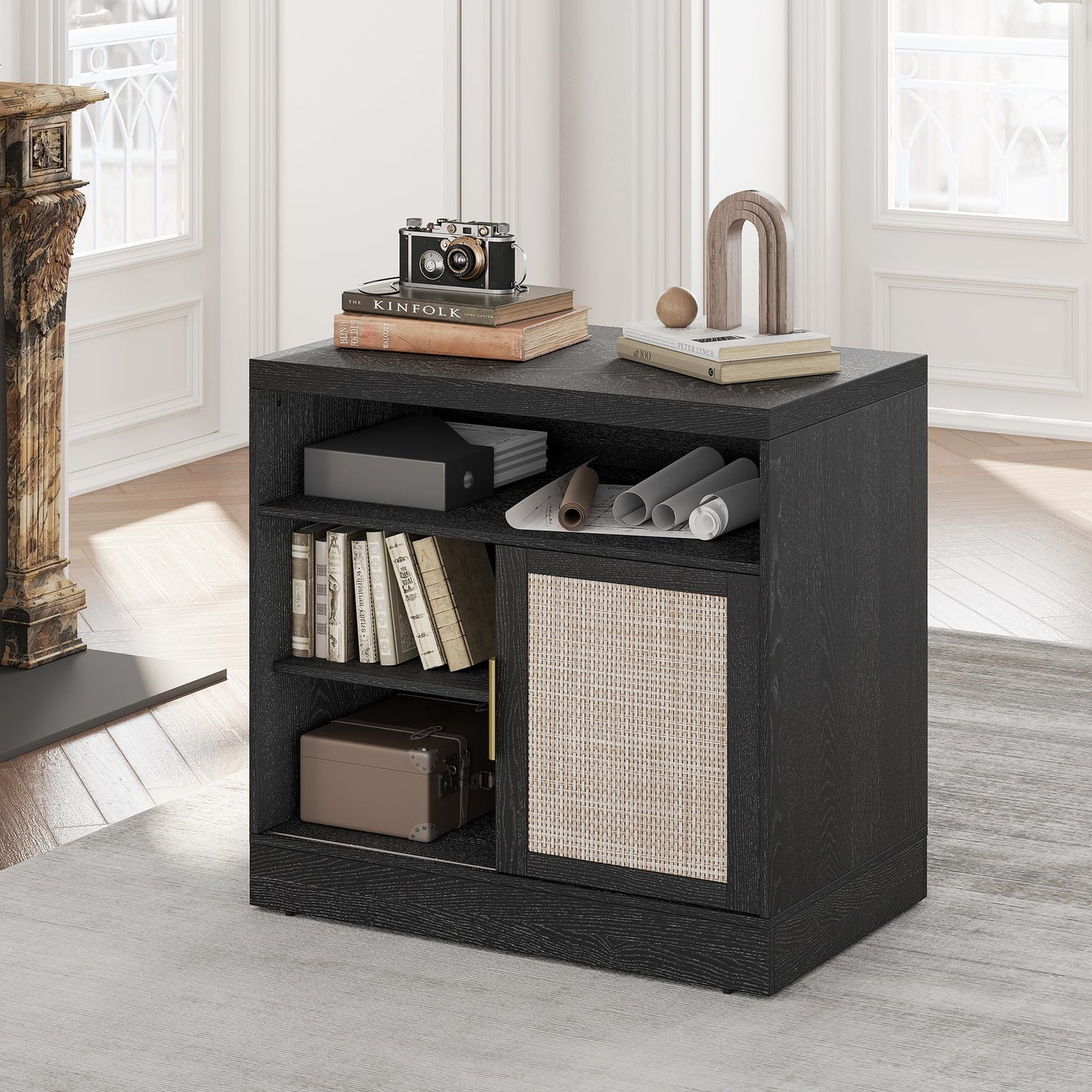 Perledesign Rattan File Cabinet with Door, 32'' Lateral File Cabinet with Open Adjustable Shelves, Wood Filing Cabinet with Sliding Door for Home Office, Black