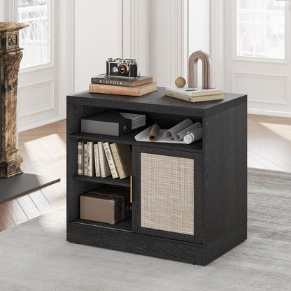 Perledesign Rattan File Cabinet with Door, 32'' Lateral File Cabinet with Open Adjustable Shelves, Wood Filing Cabinet with Sliding Door for Home Office, Black