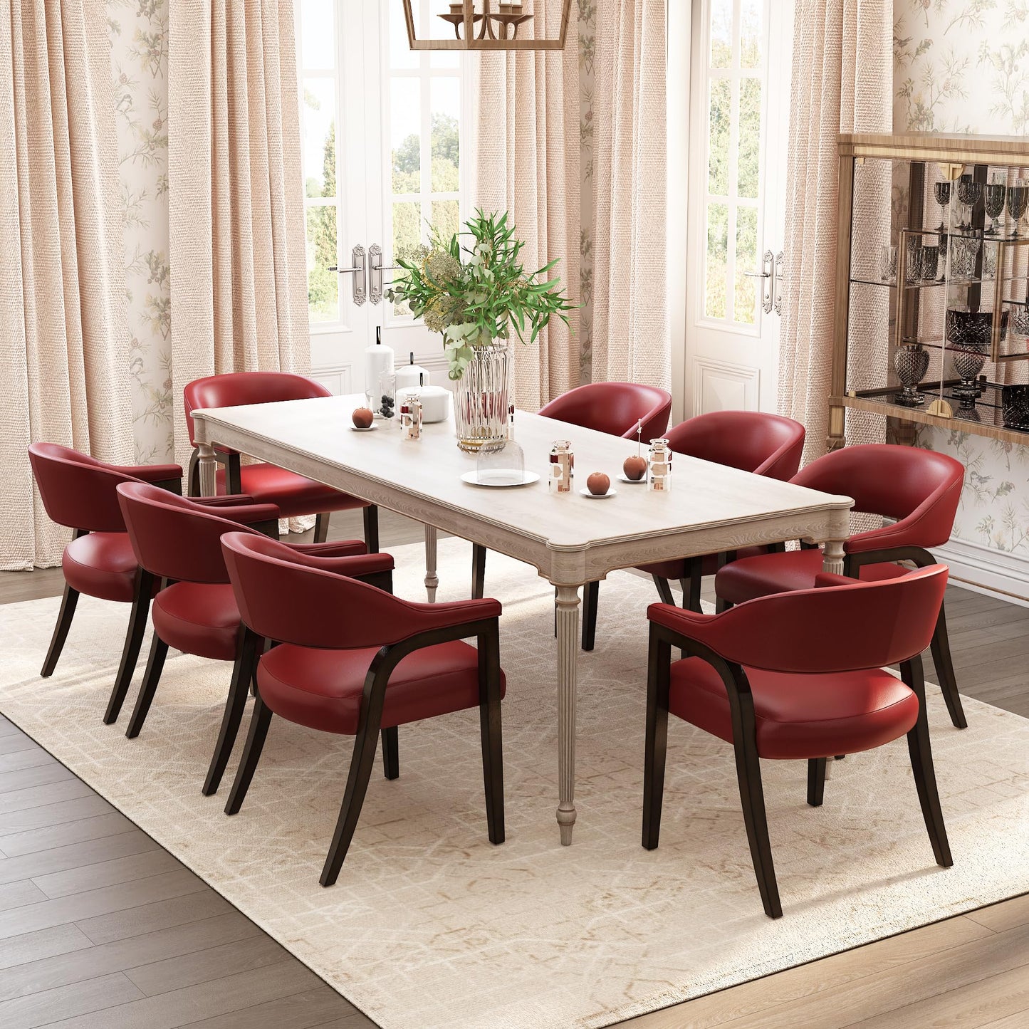 Upholstered Barrel Dining Chair Set of 6, 17.72"H Faux Leather Dining Room Chair with Arms Open-Back Dining Chairs w/ Wood "R" Legs Comfy Accent Side Chairs for Home Kitchen, Wine Red(NO TABLE!)