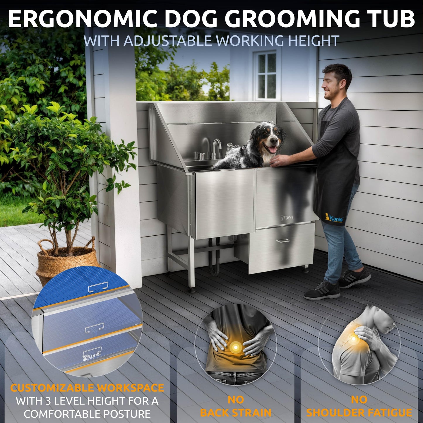 KANIS Professional Dog Washing Station 304 Stainless Steel Pet Wash Sink & Grooming Bathtub w/Shower, Floor Grates and Storage for Large, Medium & Small Pets (Silver, 50 Inches, Left Ramp, 1 Drawer)