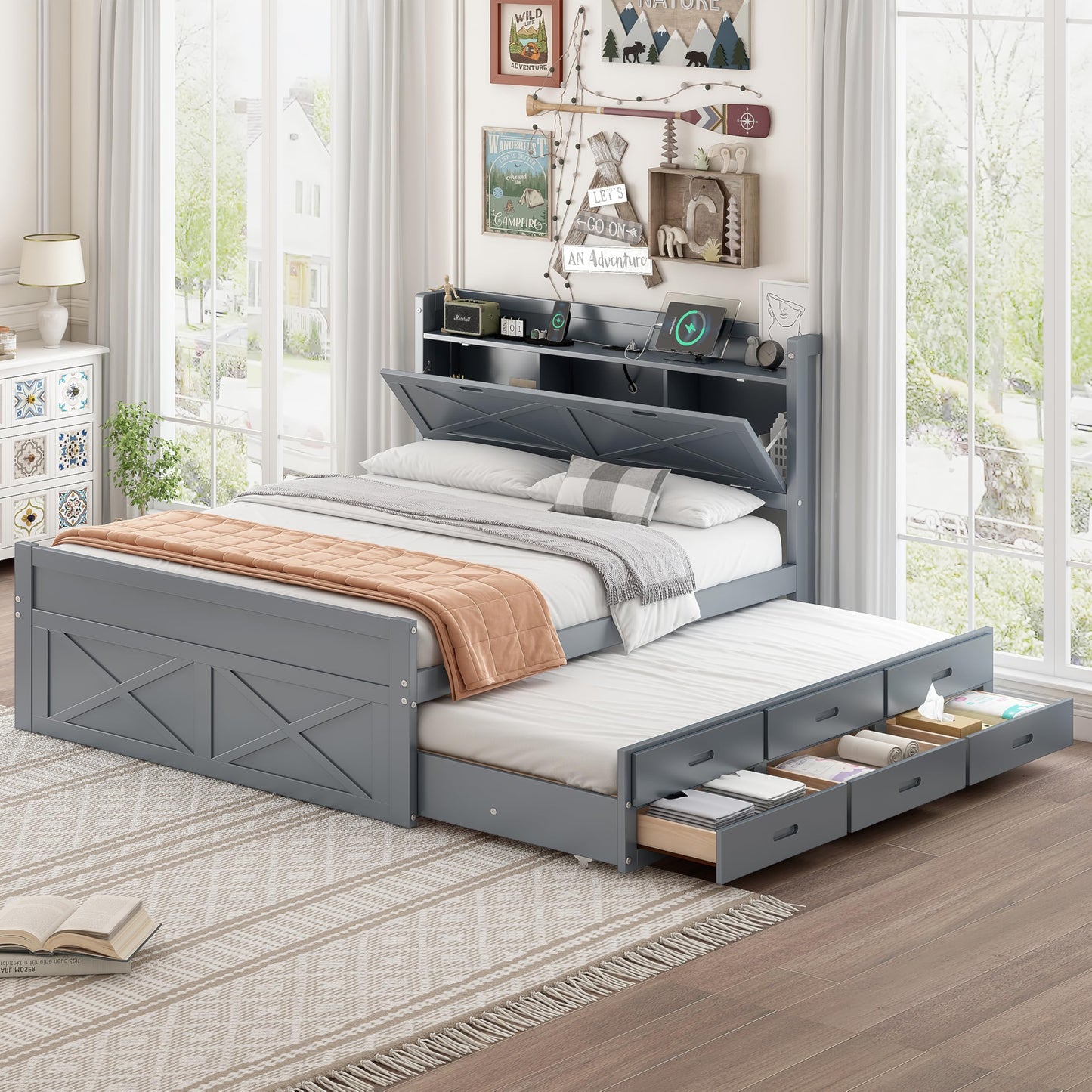 Full Size Wooden Bed with Storage Headboard with Outlets, Extendable with Twin Trundle with 3 Drawers