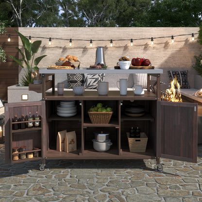 Merax 50" Outdoor Kitchen Grill Cart Island on Wheels with Stainless Steel Top,Farmhouse Style Solid Wood Frame Storage Cabinet for Backyard