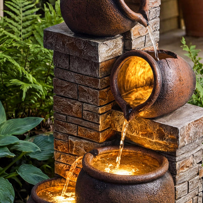 Dalxo 44-Inch Outdoor Water Fountain, 5-Tier Floor Standing Cascading Jars and Stacked Stones Resin Waterfall Fountain with 4 LED Lights, Home Decor for Garden, Patio, Yard, Farmhouse or Deck in Brown