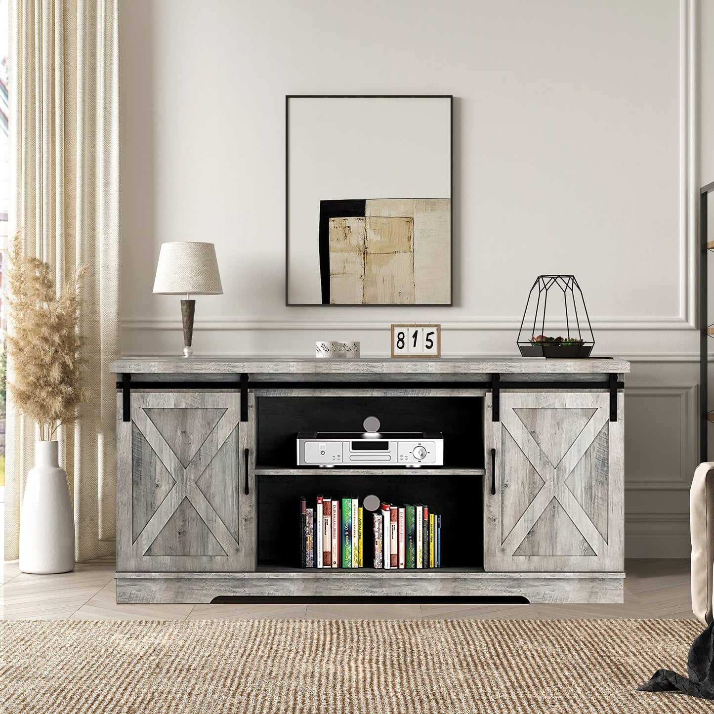 IDEALHOUSE Farmhouse TV Stand, Entertainment Center for 65 Inch TV Media Console Cabinet, White Barn Doors TV Stand with Storage and Shelves, Modern TV Console Table Furniture for Livingroom (Gray)