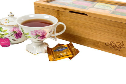 Kozy Kitchen Bamboo Tea Box Storage Organizer, 100% Natural Wooden Finish Tea Bag Organizer 8 Storage Compartments and Clear Shatterproof Hinged Lid