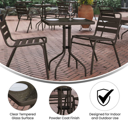 Flash Furniture TLH-0731SQ-017CBZ2-GG Lila 23.5'' Square Glass Table with 2 Metal Aluminum Slat Stack Chairs, Bronze