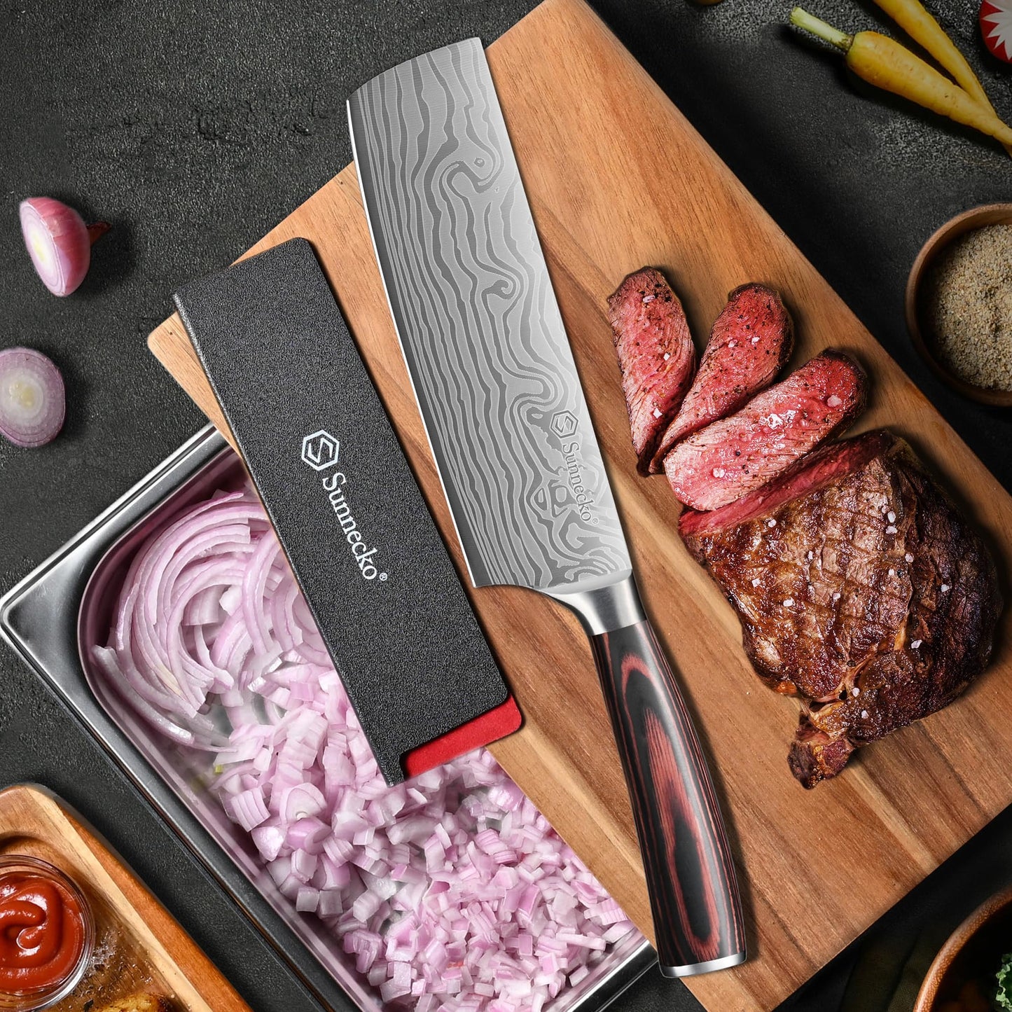 Sunnecko Japanese Nakiri Knife 7 Inch - Carbon Steel Chef Knife Vegetable Cleaver with Sheath, Kitchen Gift for Home Cooks, Professional Kitchen Knife Gift Box