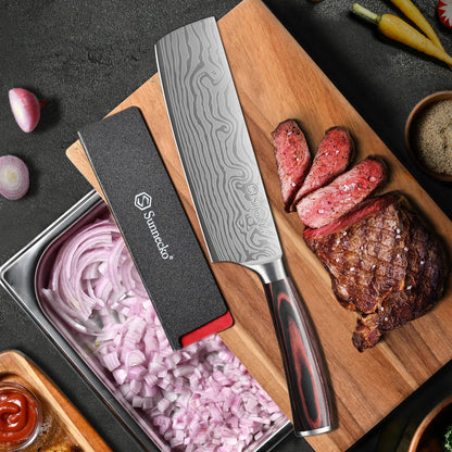 Sunnecko Japanese Nakiri Knife 7 Inch - Carbon Steel Chef Knife Vegetable Cleaver with Sheath, Kitchen Gift for Home Cooks, Professional Kitchen Knife Gift Box