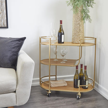 Deco 79 Wood Rolling 3 Shelves Bar Cart with Handles, 30" x 15" x 30", Gold