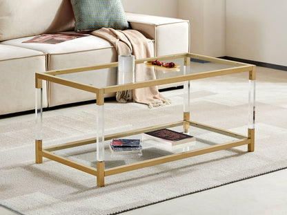 AGV LIGHTING 202205 BLEVIO Coffee Table, Modern Design Dual-Layer Coffee Table, Perfect for Living Space, Ultra-Clear Glass Top, Transparent Acrylic Leg & Gold Finish Metal Frame