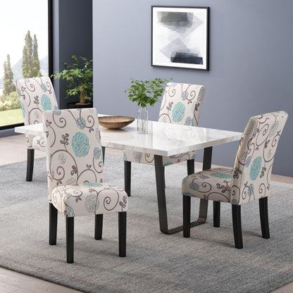 Evangeline Contemporary Fabric Dining Chairs (Set of 4), Light Beige with Blue Floral