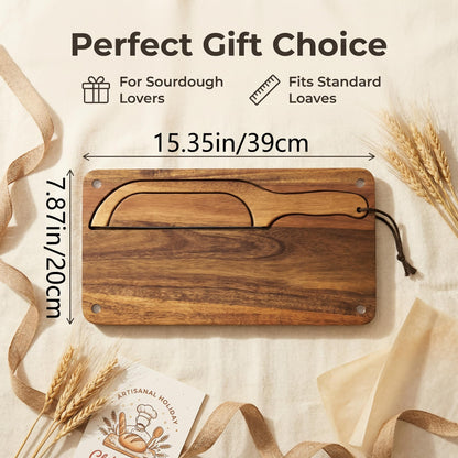 Bread Bow Knife 8 Inch, Wood Manual Bread Slicer, Stainless Steel Cutter With Matching Crumb Tray, Breads Serving Tray Set, Ergonomic Slicing Kitchen Tool for Home Bagels French Baguettes