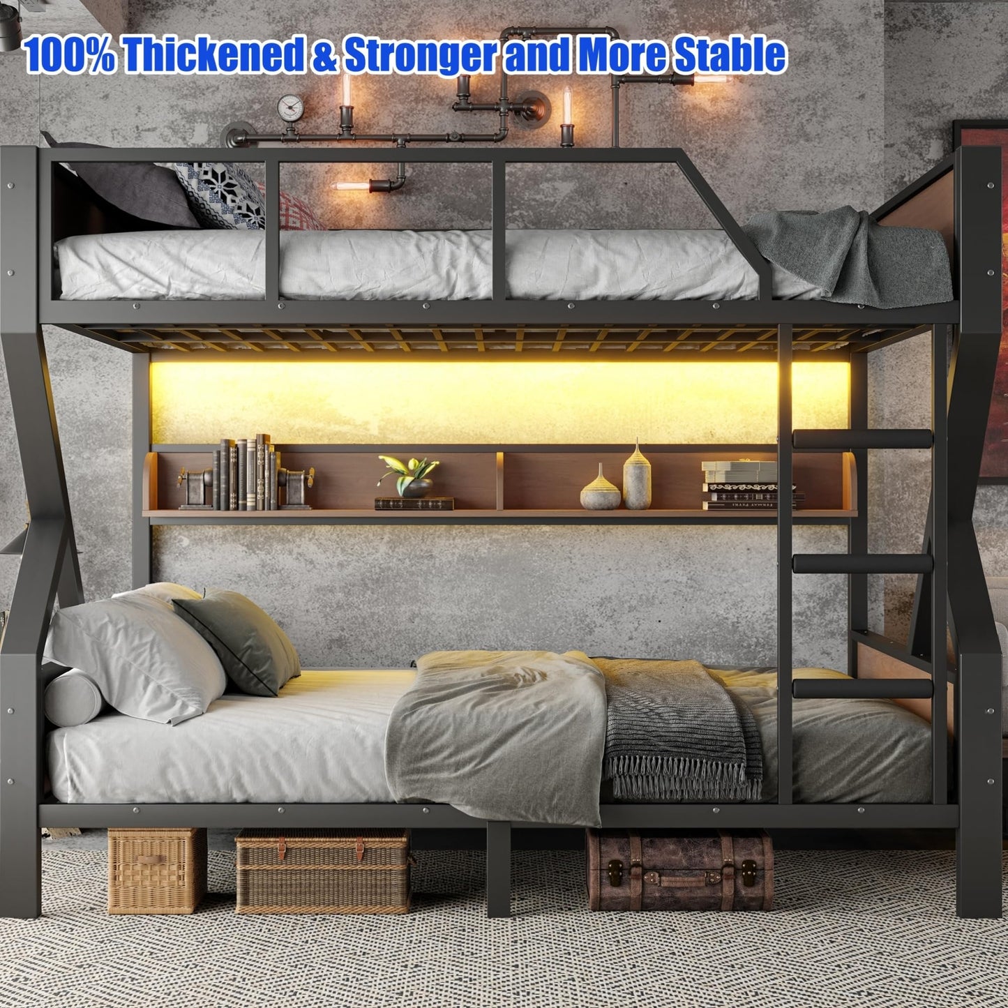 LEEKAF Stronger & Safer Heavy Duty Metal Queen Over Queen Size Bunk Bed for Adults Teens, Thickened More Stable Steel Bunkbed (Greater Weight Capacity) (Queen Over Queen-C)