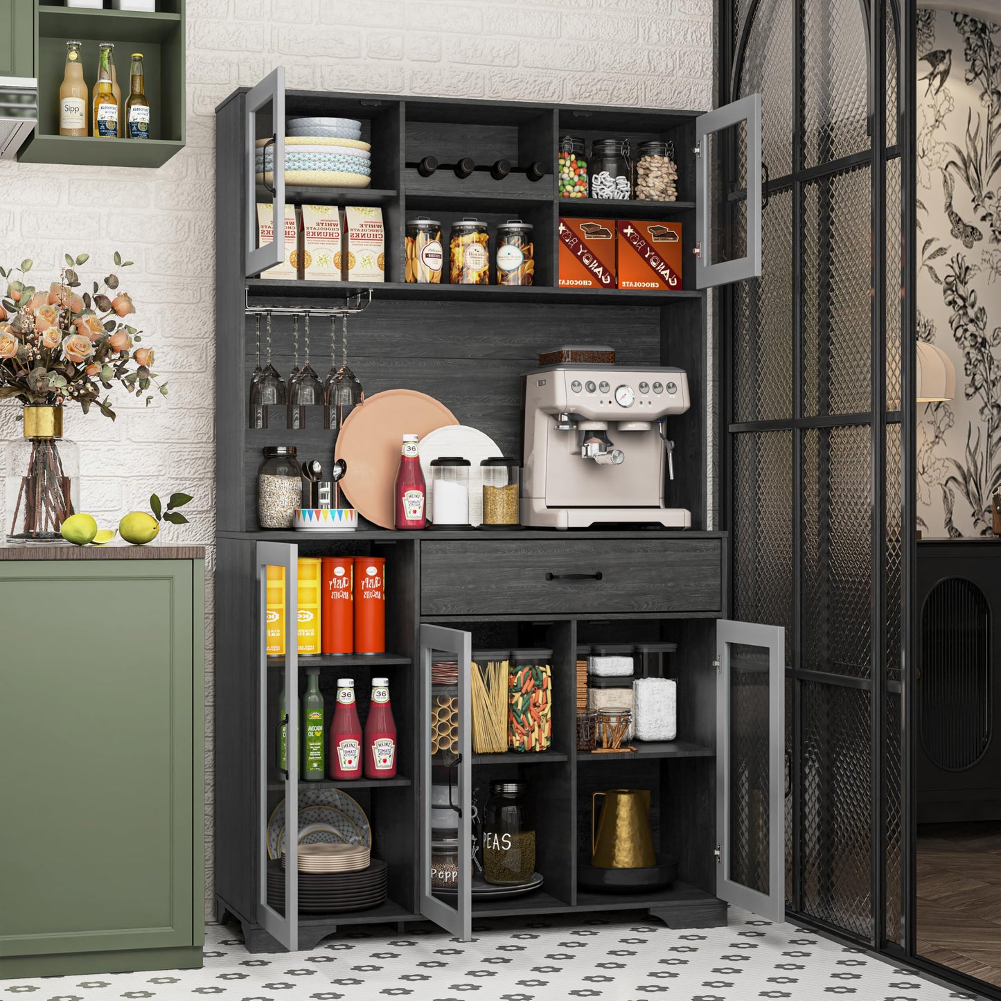 Fatmok 71" Tall Pantry Cabinet with Glass Doors, Kitchen Hutch Storage Cabinet, Coffee Bar & Liquor Cabinet with Charging Station & LED Lights, Wine Rack, Adjustable Shelves＆Large Drawer, Grey