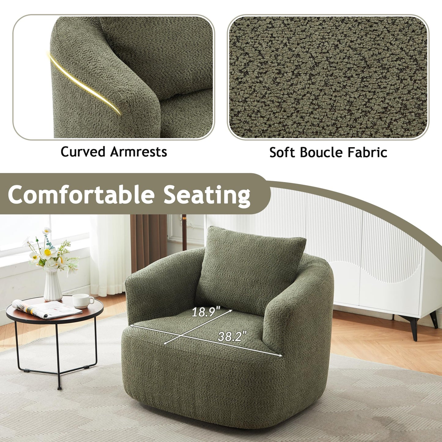 360° Swivel Accent Chair Boneless Barrel Armchair Ergonomic Upholstered Nursery Chair for Living Room Bedroom, Comfy Boucle Fabric
