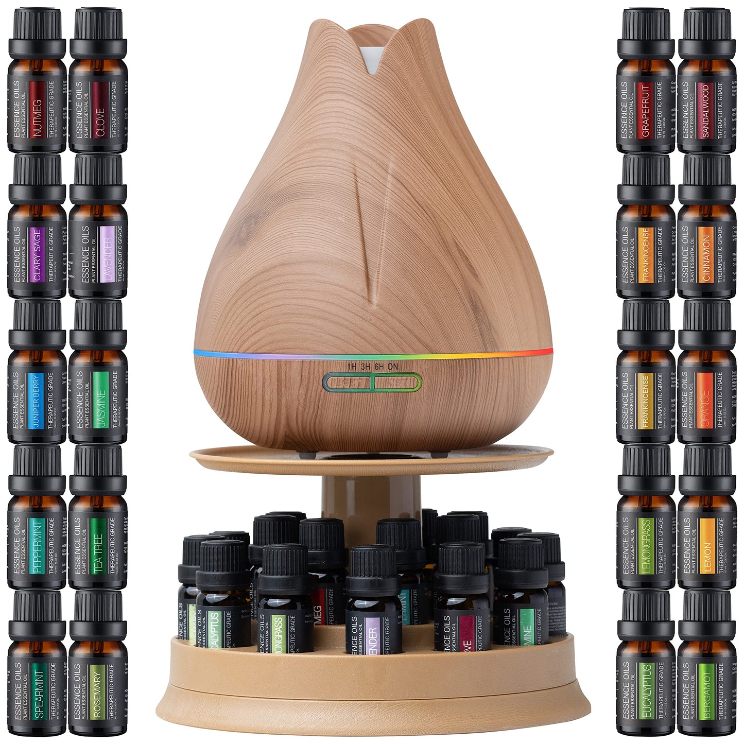Aromatherapy Essential Oil Diffuser Gift Set with 20 Oils and Rotating Display Stand - 400ml Ultrasonic Diffuser with 20 Essential Plant Oils - 4 Timer & 7 Ambient Light Settings