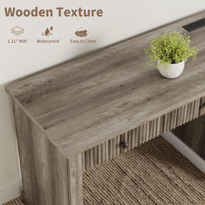 IDEALHOUSE Modern 54" Executive Office Desk with Fluted Details & Charging Station - Wooden Computer Desk with File Drawers, Home Office Storage Desk for Study, Living Room or Bedroom, Rustic Gray