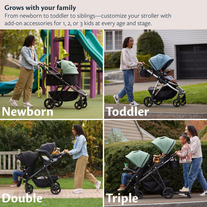Mockingbird Single-to-Double Stroller 3.0 - Convertible Full Size Baby Stroller for 1, 2, or 3 Kids with 44 Possible configurations, Travel System Compatible - Stone Blue