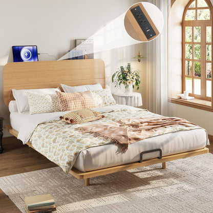 Bellemave Queen Size Bamboo Bed Frame with Headboard,Bamboo Floating Platform Bed Frame Queen Size with Charging Station and Wood Slats,Easy Assembly,Natural