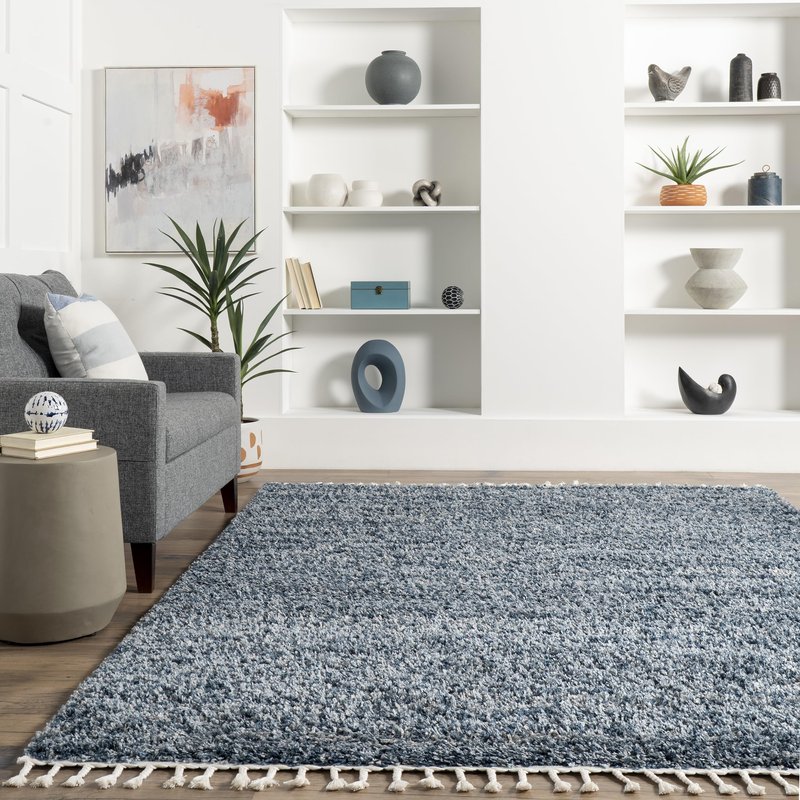 nuLOOM Brooke Shag Tasseled Area Rug - 2x8 Runner Shag Rug Casual Blue/Ivory Rugs for Living Room Bedroom Dining Room Nursery Entryway Hallway