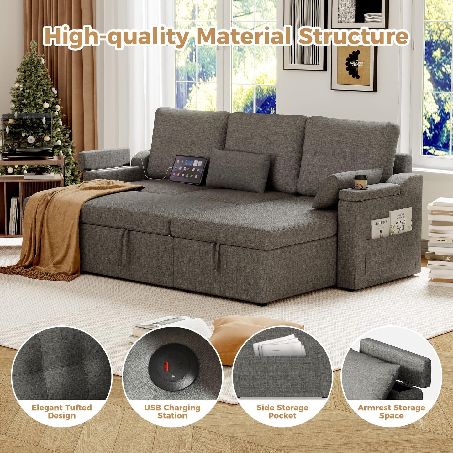 IDEALHOUSE Sofa Bed, L-Shaped Sectional Sleeper Sofa with Storage, Pull-Out Bed, Reversible Chaise, USB-C Ports, Washable Covers, Space-Saving Compact Design, Grey