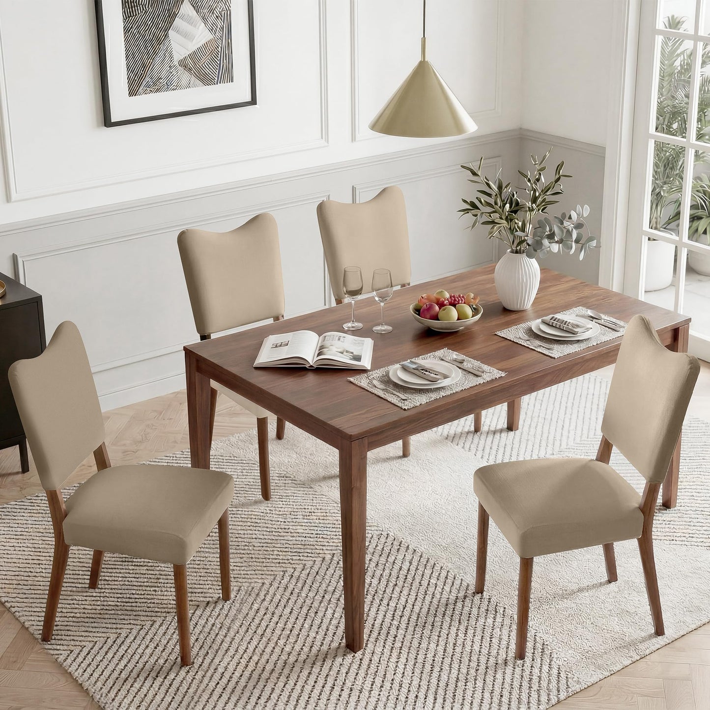 KISLOT Upholstered Dining Chairs Set of 4, Modern Velvet Kitchen Chairs with Solid Wood Legs, High Back Wooden Dining Room Chairs with Dark Walnut Color Legs for Farmhouse Kitchen Dining Room, Brown