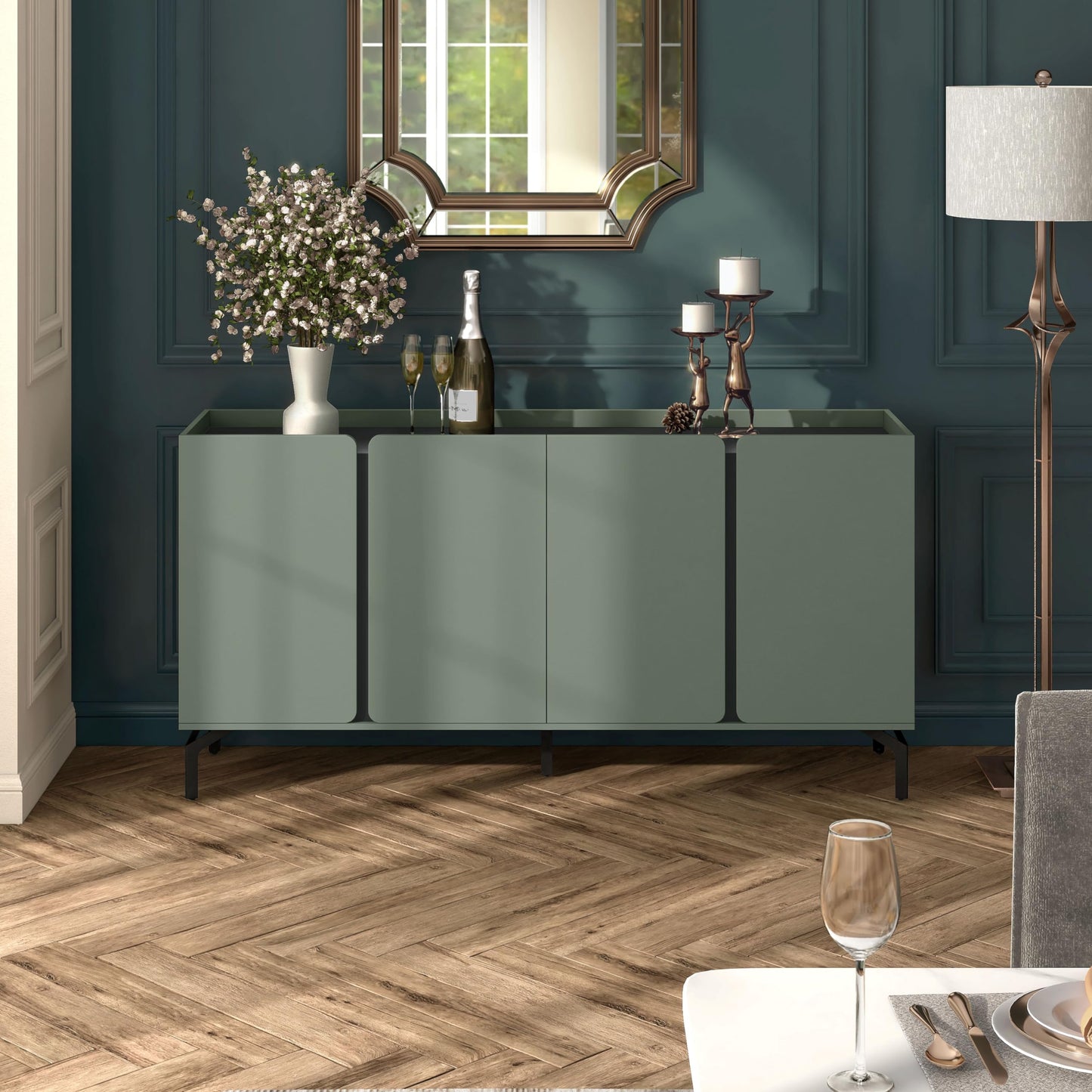 24/7 Shop at Home Elwin 60" Modern Sideboard Buffet, Storage Cabinet with Doors and Adjustable Shelves for Dining, Living Room, Kitchen, Entryway, Office, Sage Green & Black