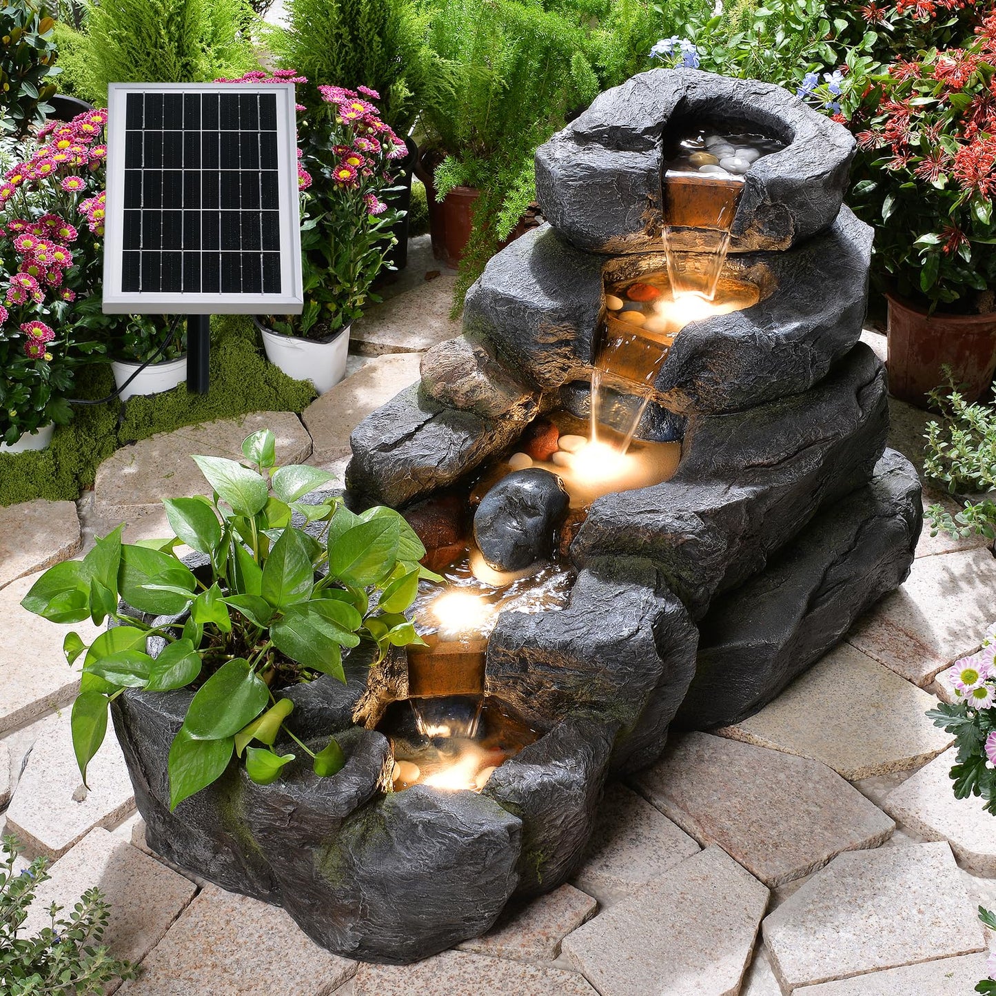 Pivotify 5-Tier Solar Water Fountain Outdoor, 38.2" L Rock Waterfall Fountains Solar Powered Floor Standing Outdoor Water Feature with LED Lights for Patio, Garden,Porch, Yard, Home Art Decor（Grey）