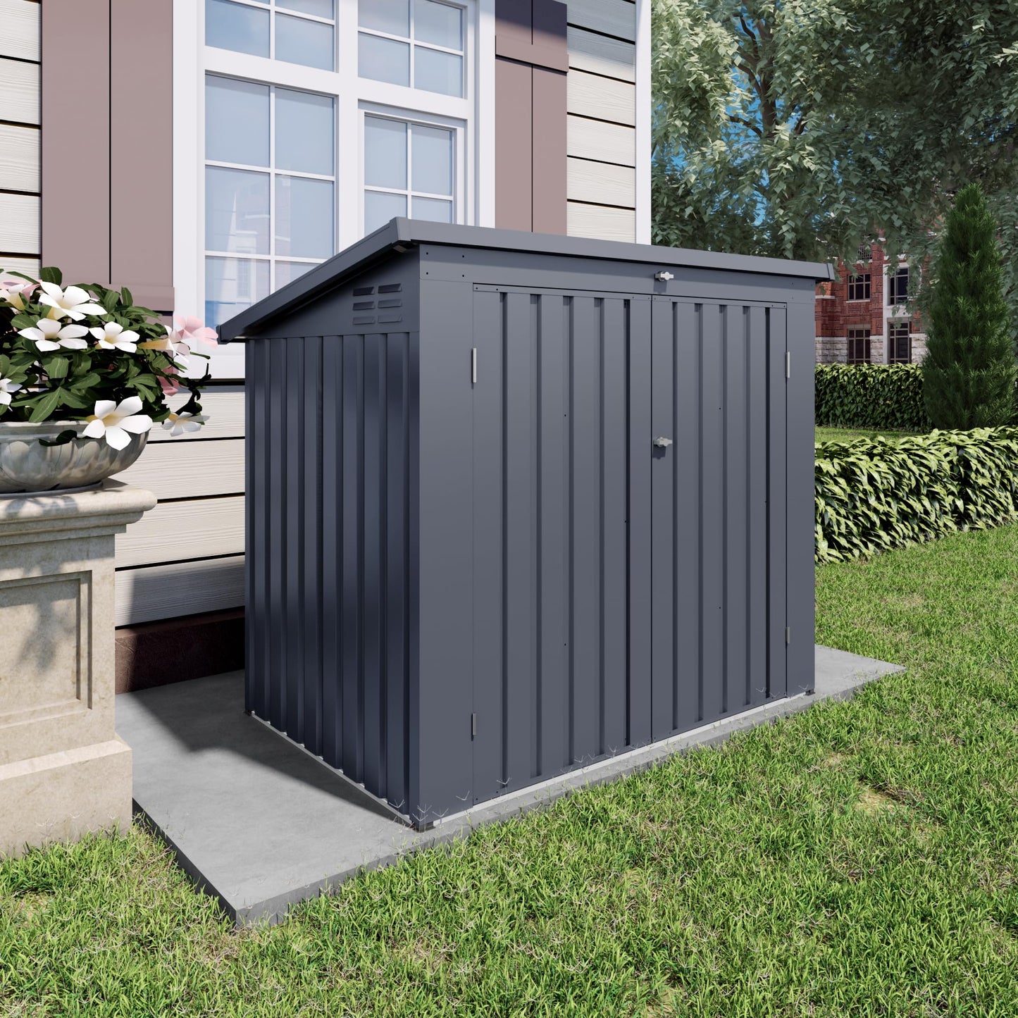 Outdoor Storage Shed with Dual Doors & Removable Top Lid, Metal Garden Tool Shed, Weather Resistant Waterproof Trash Can Bike Storage Organizer with Ventilation Sloped Roof Yard Utility Box