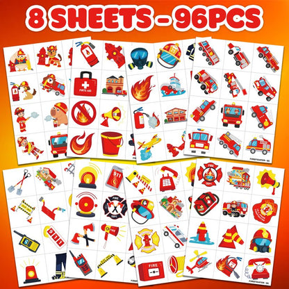 96 PCS Firefighter Firetruck Pre-Cut Temporary Tattoos for Kids | Super Cute Themed Birthday Party Favors,Goodie Bags Fillers, Supplies, Decorations, Fake Tattoo Stickers (Multiple)