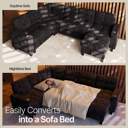 Marsail 110" Sectional Sleeper Sofa with Pull Out Bed, 7 Seat Modular Sectional Couch with Storage, USB & Cup Holders, Modern Chenille Cloud Sofa for Living Room, Dark Gray