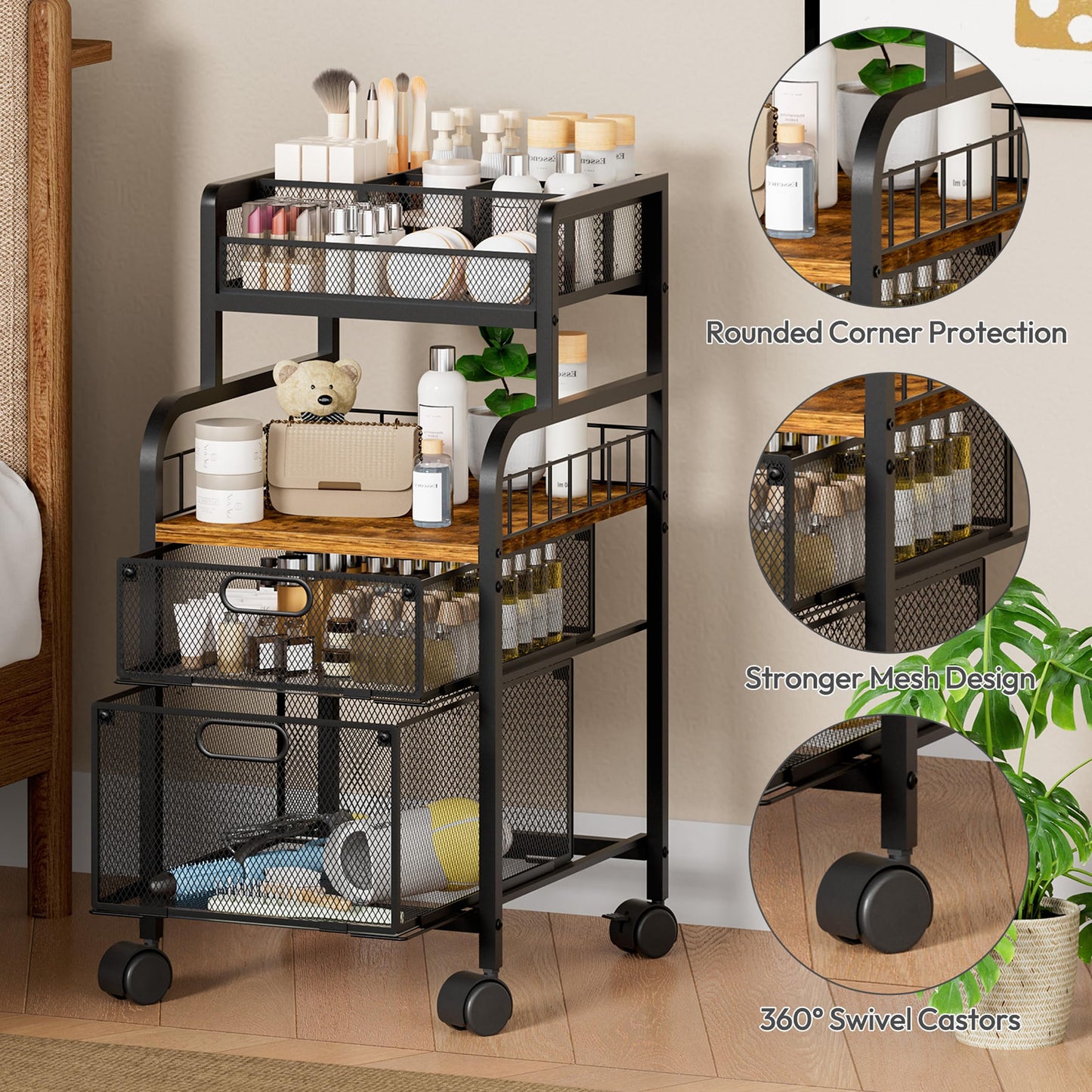 SWTYMIKI Rolling Cart with Drawers - Metal Craft Cart with Wheels, DIY Divider and Wood Shelf, Art Supply Organizer for Under Desk Storage, Utility Storage Cart for Home Office Studio, Espresso