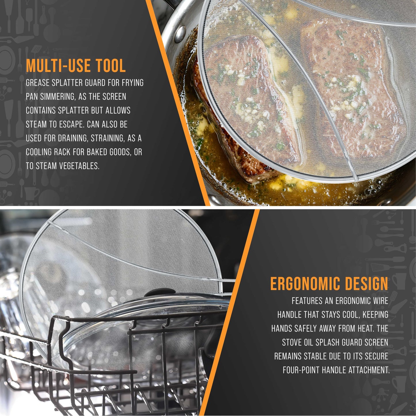 U.S. Kitchen Supply Set of 3 Stainless Steel Splatter Screen - 13", 11.5" & 9.5" Sizes - Fine Mesh Splatter Screen with Resting Feet Set, Grease Guard for Kitchen Pots and Pans