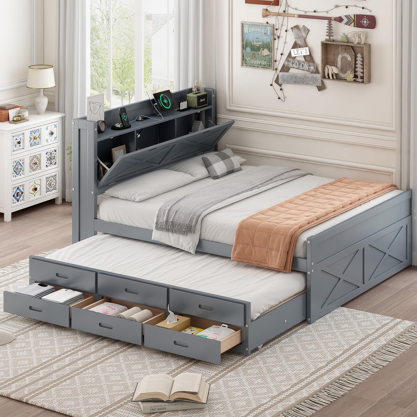 Full Size Wooden Bed with Storage Headboard with Outlets, Extendable with Twin Trundle with 3 Drawers