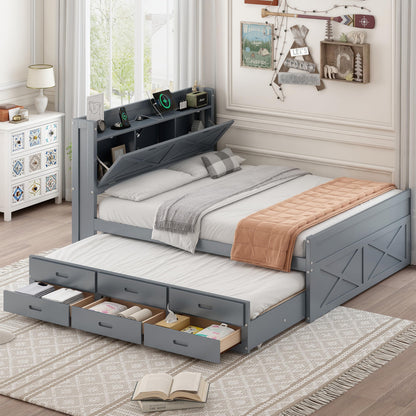 Full Size Wooden Bed with Storage Headboard with Outlets, Extendable with Twin Trundle with 3 Drawers