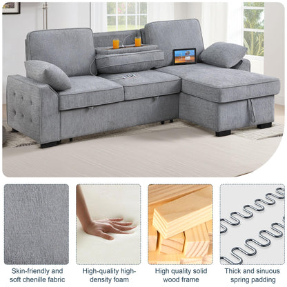 ERYE L-Shaped Pull Out Sleeper Couch Bed, Modern Chenille Upholstered Button Tufted Corner Couch Reversible Sectional Sleeper Sofa Bed W/Storage Chaise, Cup Holders